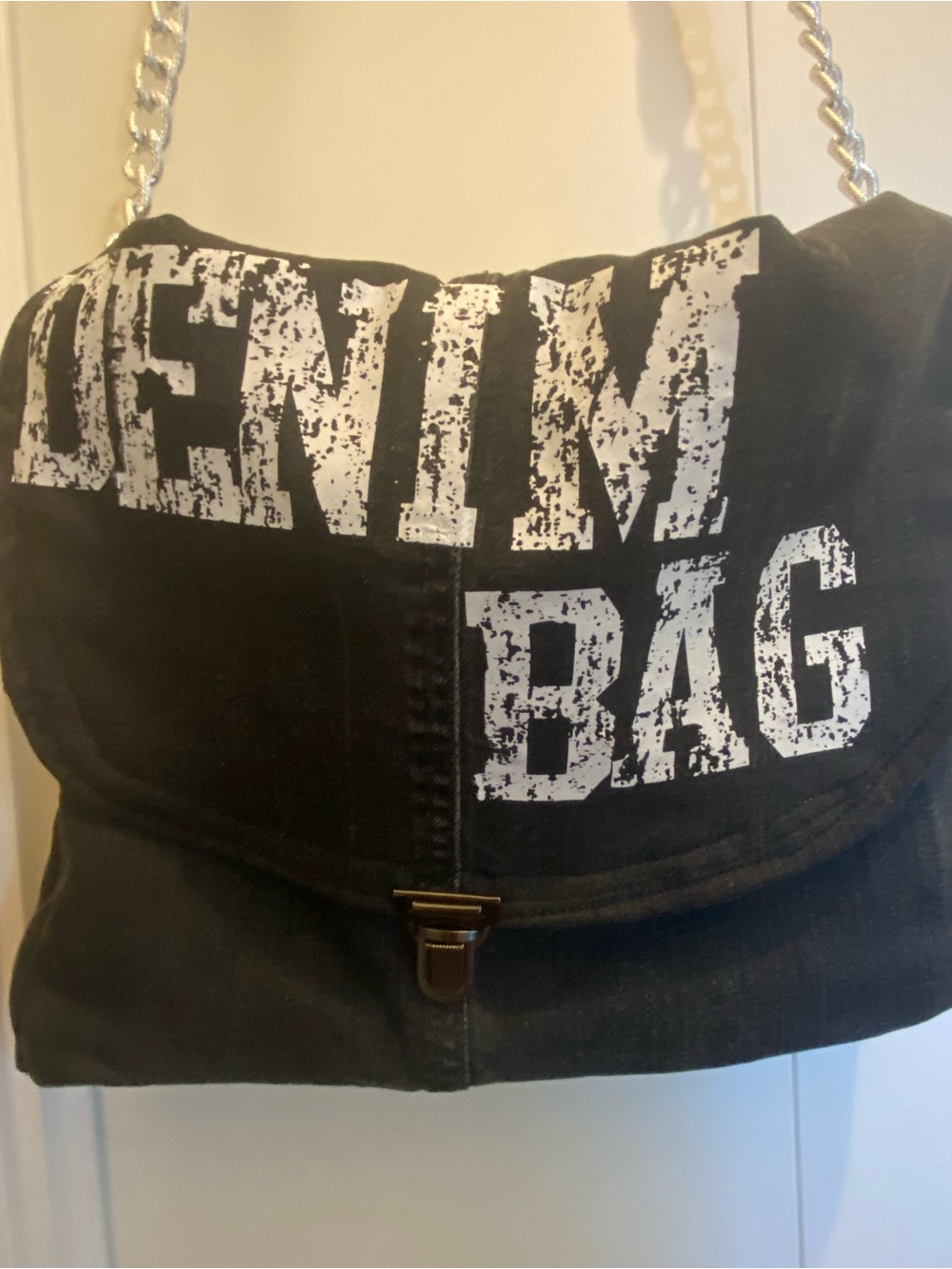 Black Shoulder Bag with White 'DENIM BAG' Print